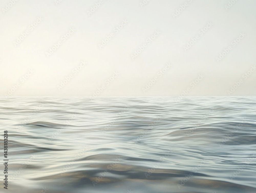 Fototapeta premium This image portrays a serene ocean scene, with vast blue waters stretching into the horizon under an overcast sky. The calm surface of the water reflects the light softly, creating a peaceful and