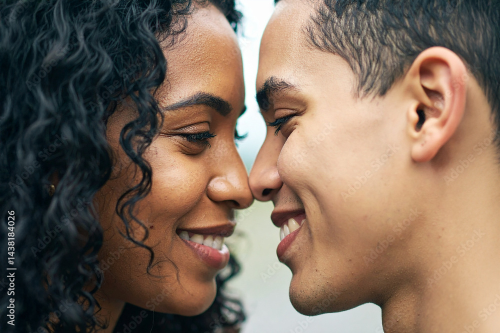 Two People from Different Backgrounds Sharing a Tender and Affectionate Moment, Smiling and Connecting Two People from Different Backgrounds Sharing a Tender and Affectionate Moment, Smiling and Connecting