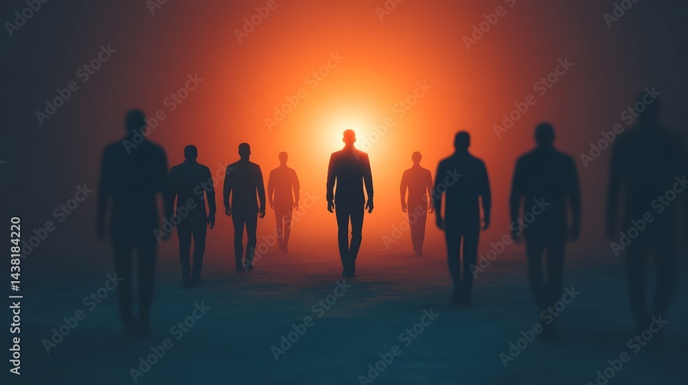 Fototapeta premium Silhouetted Figures Walking Towards Glowing Light, Concept of Progress and Enlightenment