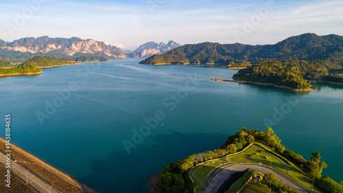 Fényképezés Aerial view of a dam at surat thani Thailand