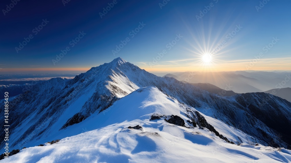 Fototapeta premium Snowy mountain peak at sunrise. Vast snow-covered mountain range under a clear sky. Sunlight radiates outward from the setting sun