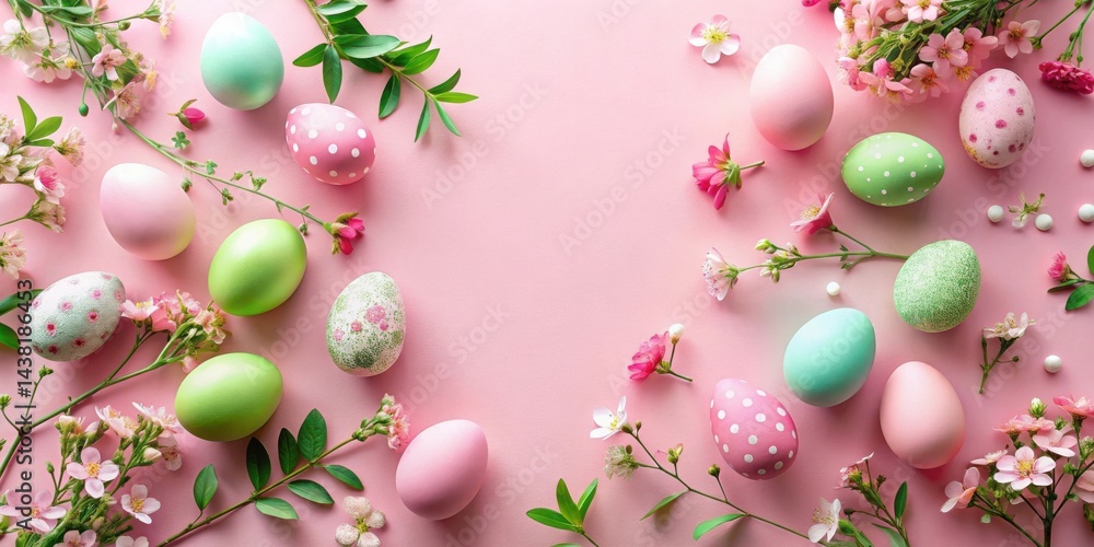 Pastel Easter Eggs and Delicate Spring Blossoms on a Soft Pink Background Pastel Easter Eggs and Delicate Spring Blossoms on a Soft Pink Background