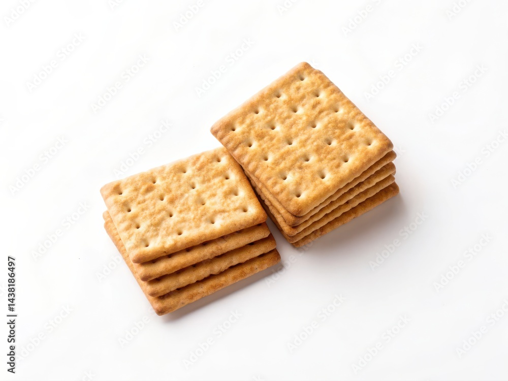 A stack of square, golden-brown crackers arranged neatly on a white background. A stack of square, golden-brown crackers arranged neatly on a white background.