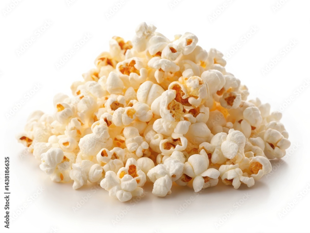 A mound of freshly popped popcorn isolated on a white background. A mound of freshly popped popcorn isolated on a white background.