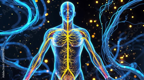 Digital Representation of Human Body with Nervous System and Energy Flow Concept in Neon Blue and Yellow Colors

