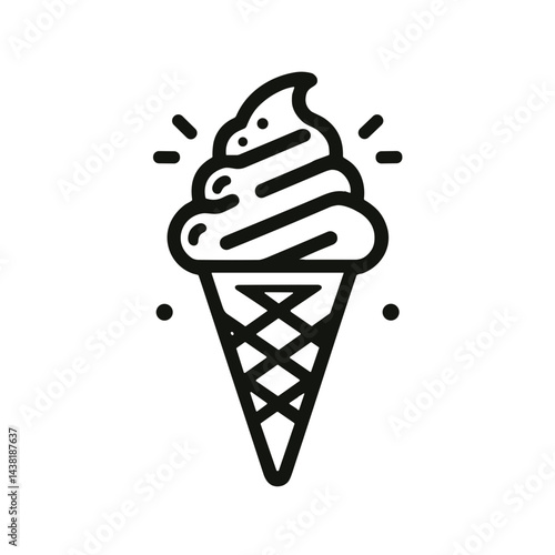 Ice cream cone with soft serve swirl and excitement lines, minimalistic line art design, black-and-white