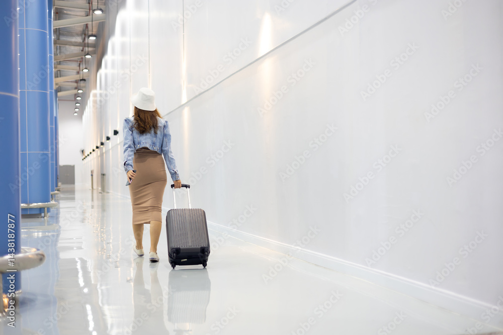 Back view woman hand touching baggage. Stewardess or air hostess carrying suitcase modern airport terminal. flight attendant
