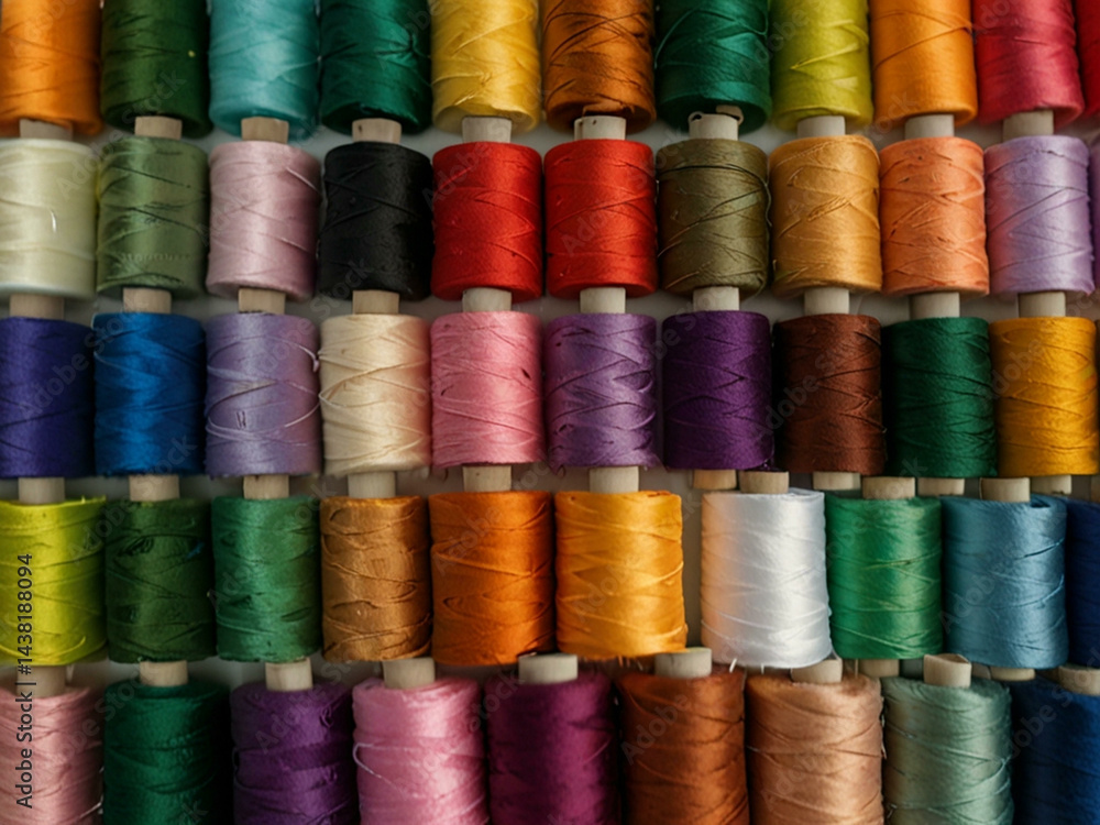 Colorful Spools of Thread in Rows Colorful Spools of Thread in Rows