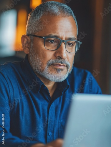 An older man wearing glasses, with grey hair and a beard, working on his laptop in a coffee shop or similar setting.