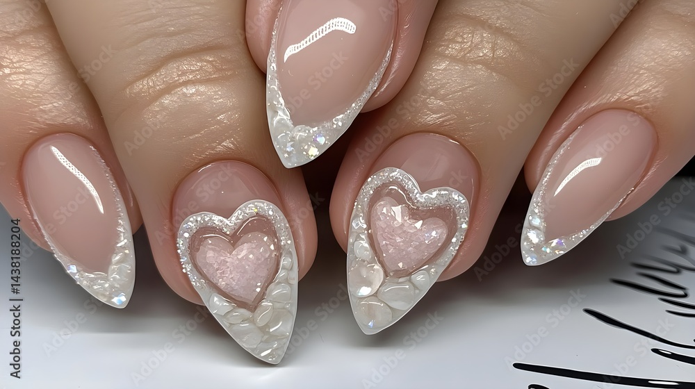 Fototapeta premium Soft Pink Heart-Themed Nail Art with Elegant White Accents