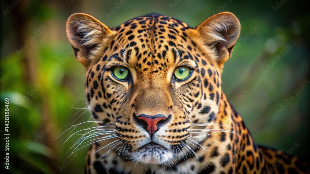 Obraz premium A Close-Up Portrait of a Leopard with Green Eyes, Looking Directly at the Camera, Revealing its Intricate Pattern and Powerful Presence