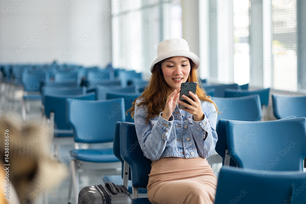 Happy Asian Woman waiting for flight at airport lounge. Happy asian woman passenger traveler waiting for departure with suitcase at modern airport terminal