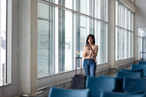 Obraz na płótnie Happy Female Travelling use smartphone. Happy asian woman passenger traveler waiting for departure with suitcase at modern airport terminal w salonie