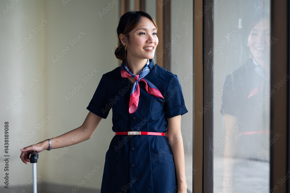 Portrait female Cabin crew or air hostess in airport. Cabin crew, air hostess working in airplane. Service mind. Asian stewardess with suitcase at modern airport terminal. flight attendant