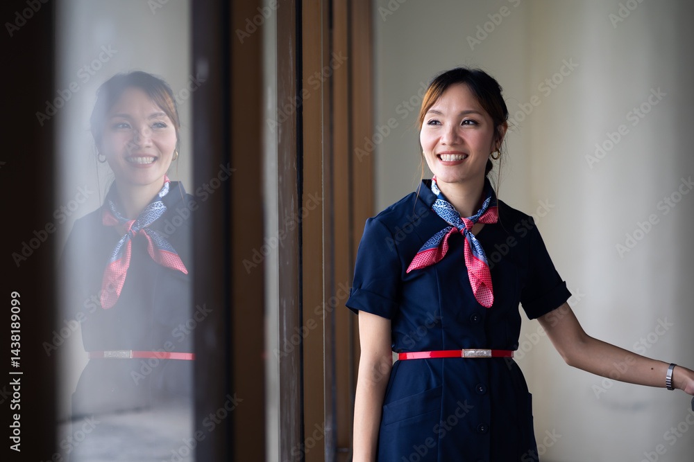 Portrait female Cabin crew or air hostess in airport. Cabin crew, air hostess working in airplane. Service mind. Asian stewardess with suitcase at modern airport terminal. flight attendant