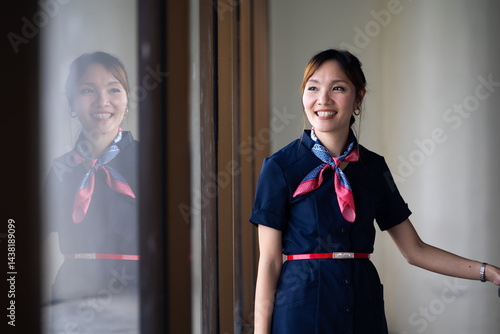 Portrait female Cabin crew or air hostess in airport. Cabin crew, air hostess working in airplane. Service mind. Asian stewardess with suitcase at modern airport terminal. flight attendant