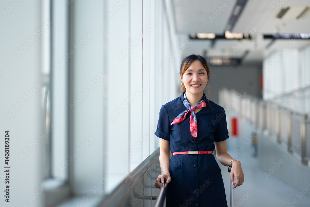 Portrait female Cabin crew or air hostess in airport. Cabin crew, air hostess working in airplane. Service mind. Asian stewardess with suitcase at modern airport terminal. flight attendant