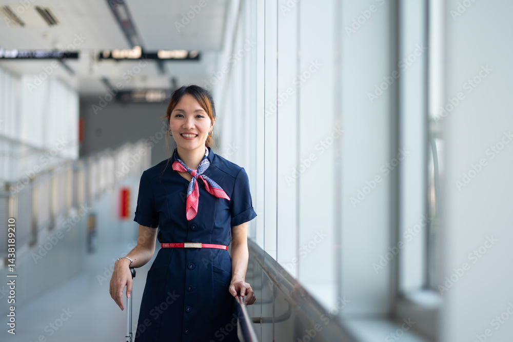 Portrait female Cabin crew or air hostess in airport. Cabin crew, air hostess working in airplane. Service mind. Asian stewardess with suitcase at modern airport terminal. flight attendant