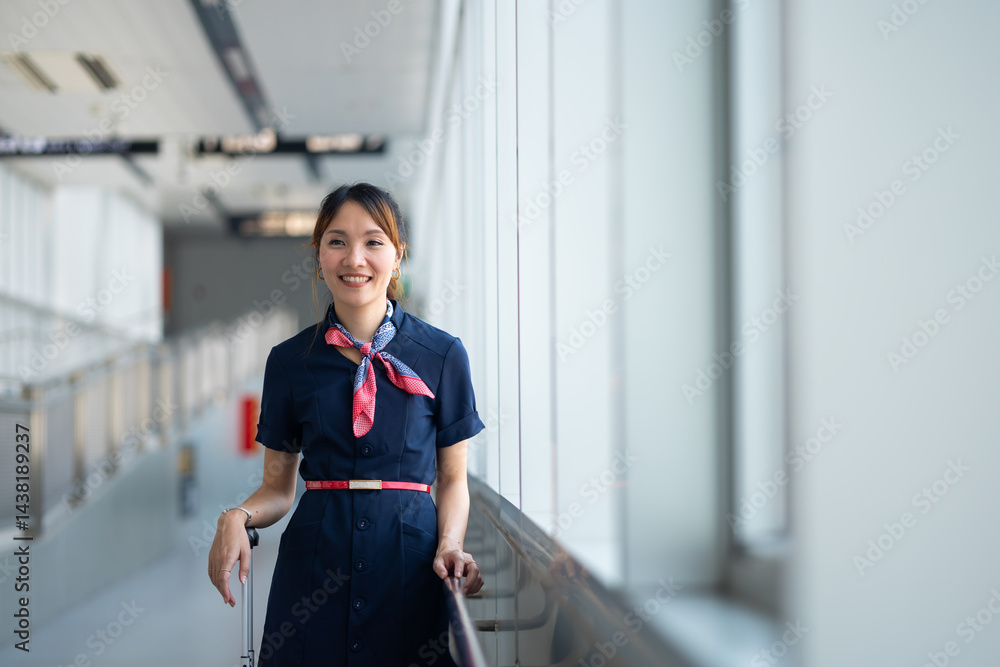 Portrait female Cabin crew or air hostess in airport. Cabin crew, air hostess working in airplane. Service mind. Asian stewardess with suitcase at modern airport terminal. flight attendant
