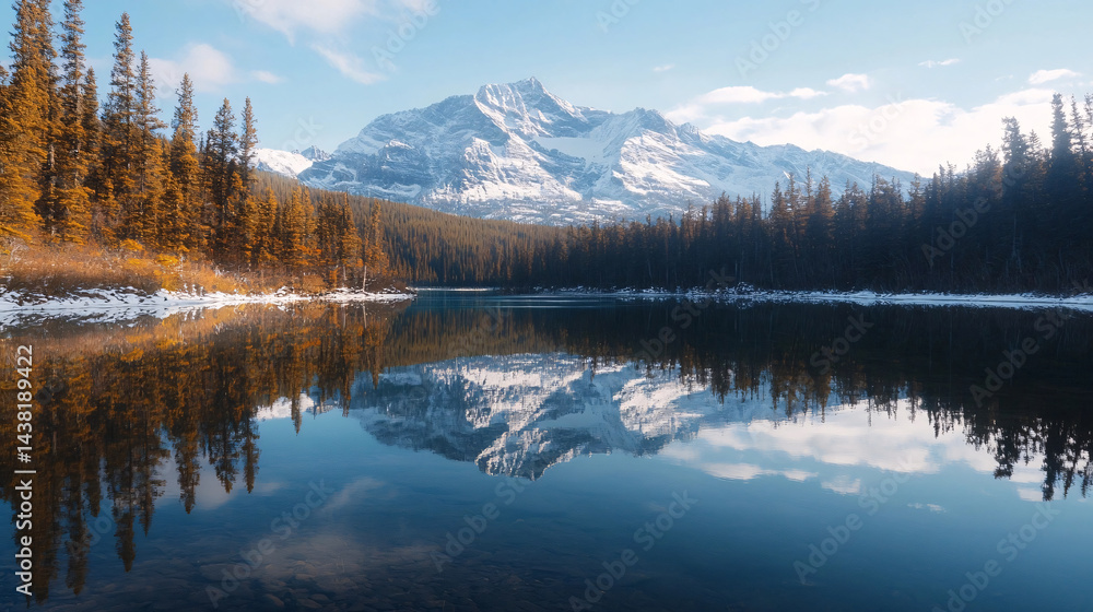 Stunning mountain landscape reflected perfectly in the calm waters of a serene lake under a clear sky. Stunning mountain landscape reflected perfectly in the calm waters of a serene lake under a clear sky.