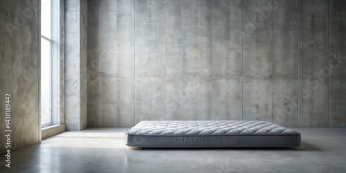 A solitary mattress rests on a concrete floor in a minimalist interior space with a large window casting light on the floor