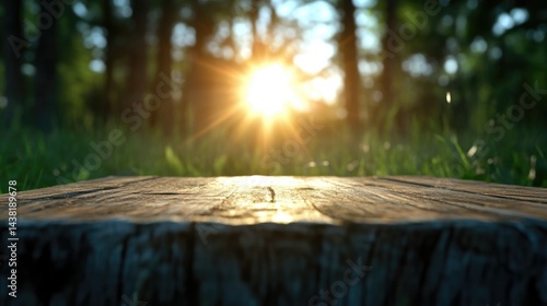 Rustic wooden stump table in a forest at sunset