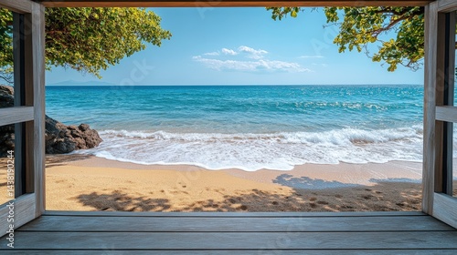 Wallpaper Mural Serene beach view through wooden frame with gentle waves and golden sand under bright blue sky Torontodigital.ca