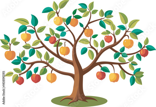 A vibrant vector art illustration depicting a lush, pruned fruit tree with colorful, ripe fruits and neatly trimmed green foliage.