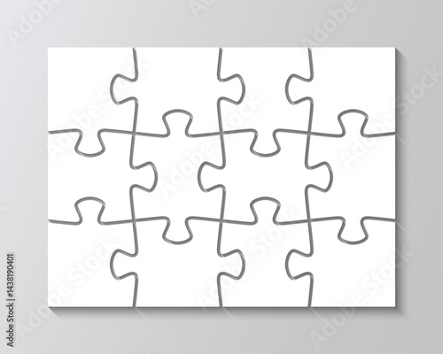 Puzzle cutting template with 12 separate details. Jigsaw mosaic silhouette pieces grid. Scheme of thinking game. Modern background with separate shapes. Simple frame tiles. Vector illustration