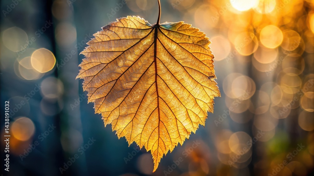 A Single Golden Leaf Illuminated by the Warm Glow of the Setting Sun, Its Delicate Veins and Texture Revealed in Striking Detail A Single Golden Leaf Illuminated by the Warm Glow of the Setting Sun, Its Delicate Veins and Texture Revealed in Striking Detail