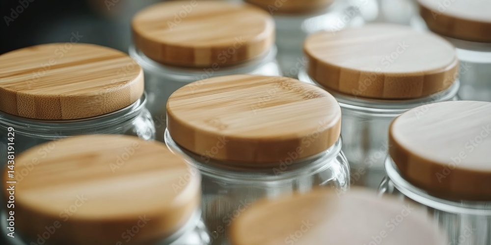 Close-up photograph of multiple round corked jars with wooden caps, arranged in two neat rows against a blurred background. Close-up photograph of multiple round corked jars with wooden caps, arranged in two neat rows against a blurred background.
