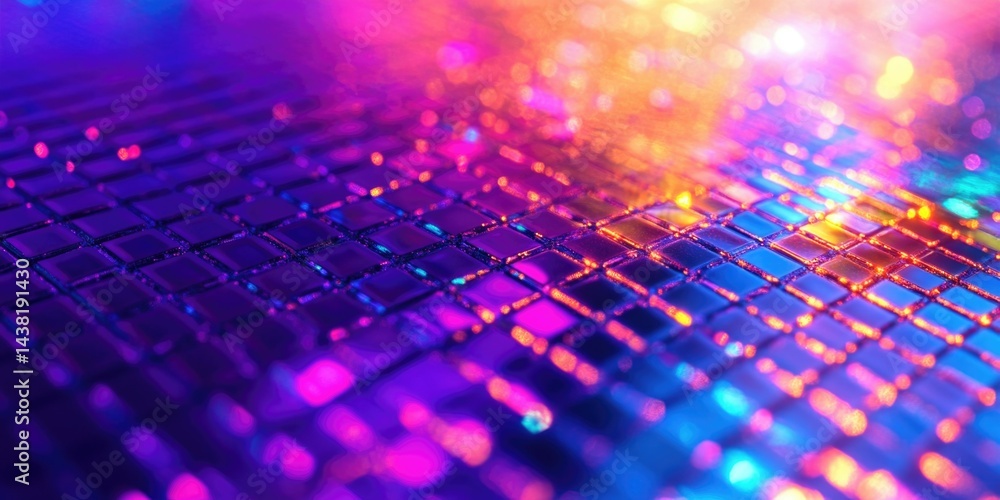 This image captures the vibrant and sparkling essence of a disco ball, bathed in an array of colorful lights that reflect off its shiny surface. The disco ball is set against a black background, which This image captures the vibrant and sparkling essence of a disco ball, bathed in an array of colorful lights that reflect off its shiny surface. The disco ball is set against a black background, which
