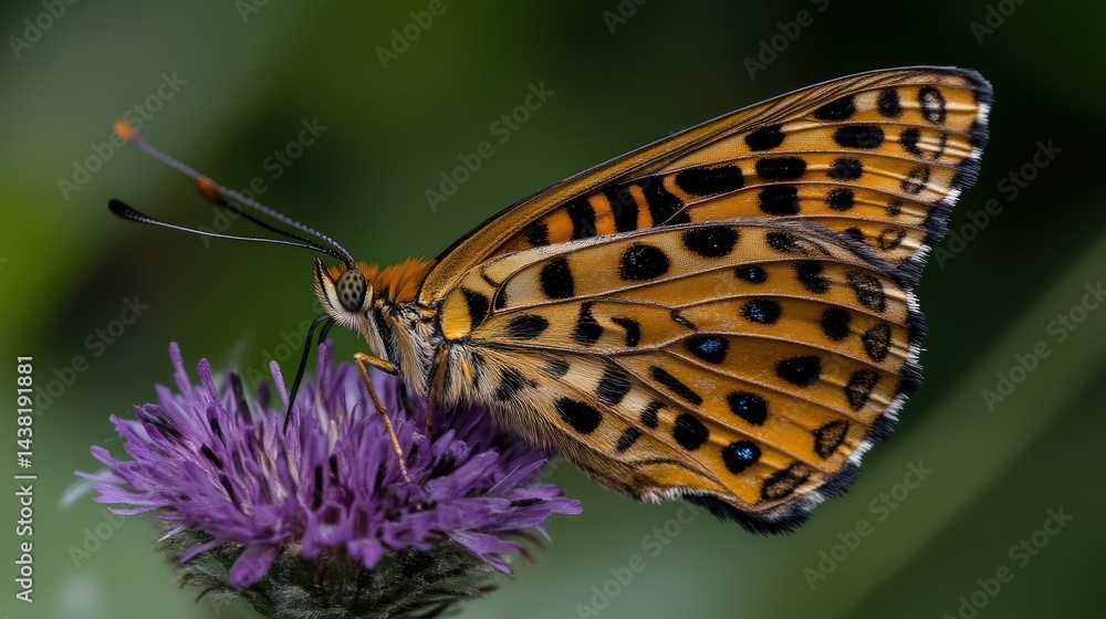Obraz premium Close-up of a beautiful butterfly on a purple flower. A vibrant butterfly with orange and brown wings, resting delicately on a purple flower head.