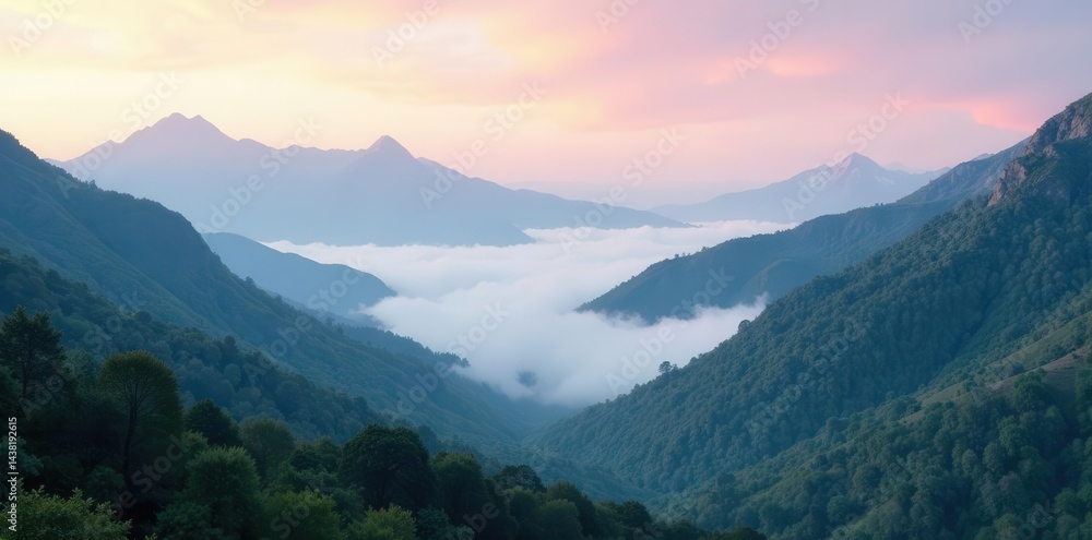 Naklejka premium Misty mountain range, soft clouds drift lazily, clouds, mist