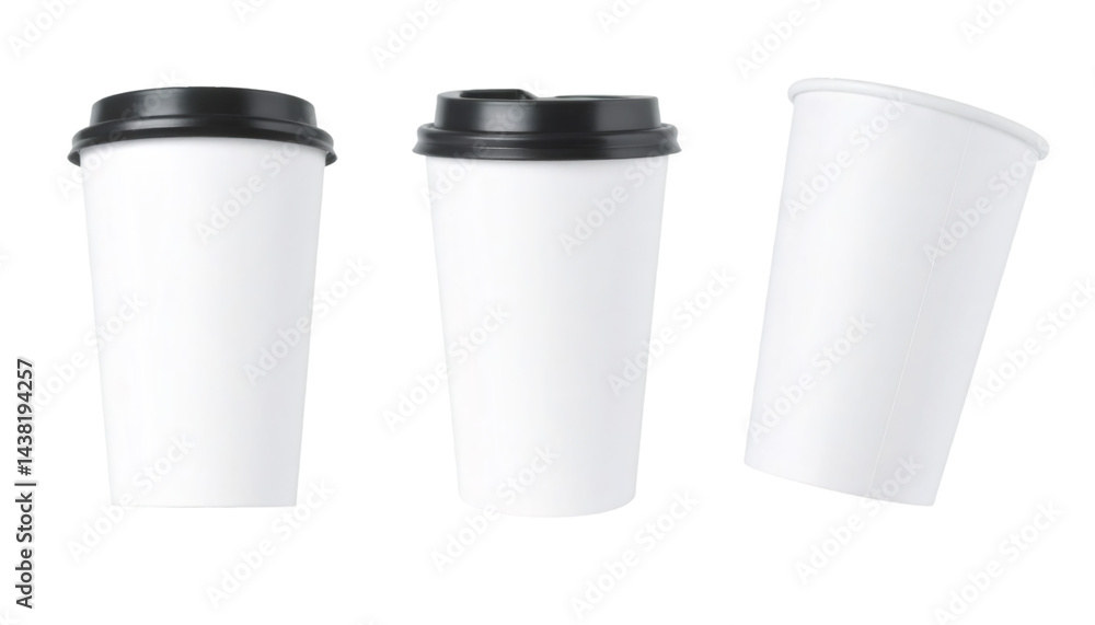 Set of three white disposable coffee cups from different angles with black lids isolated on transparent background Set of three white disposable coffee cups from different angles with black lids isolated on transparent background