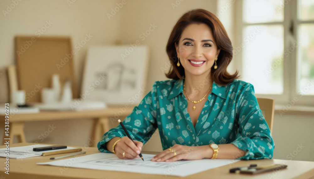 A smiling woman with dark hair and warm skin tone sits at a wooden desk in a bright, airy room, sketching with a pencil amidst art supplies. A smiling woman with dark hair and warm skin tone sits at a wooden desk in a bright, airy room, sketching with a pencil amidst art supplies.