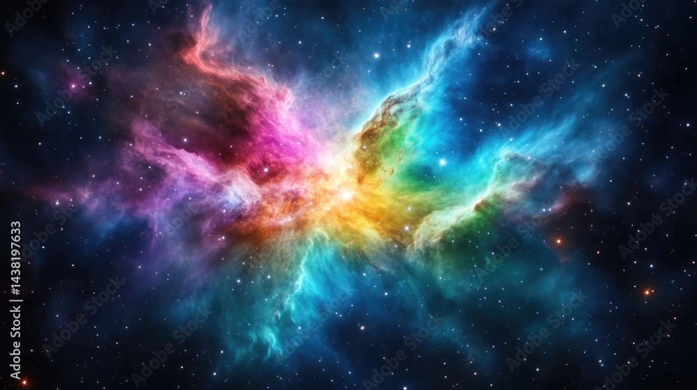 Fototapeta premium Cosmic Nebula Distant Stars Vivid High-Definition Wide Angle View Gaseous Clouds Celestial Creation Dark Space Rainbow Hues Ideal for Sci-Fi Designs