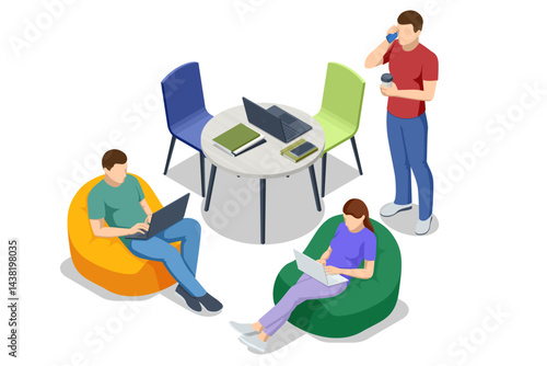 Coworking space with people working on laptops and talking on phone. Isometric vector illustration.