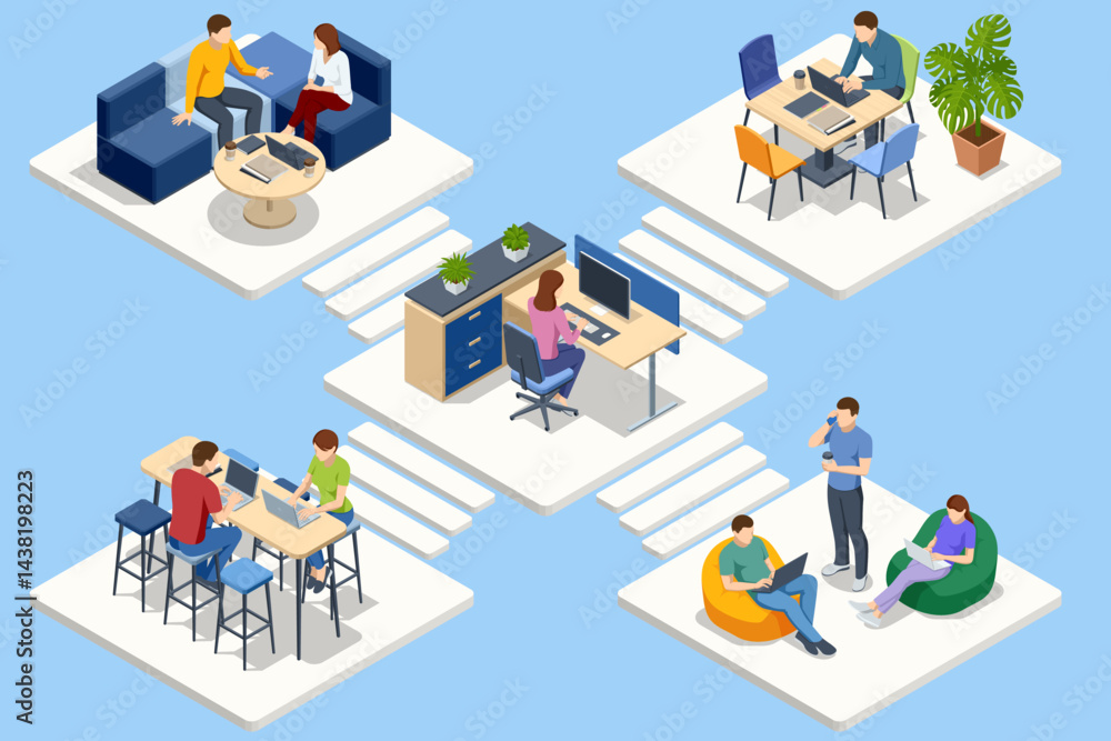 Different coworking spaces connected together showing collaboration and remote work. Isometric vector illustration. Different coworking spaces connected together showing collaboration and remote work. Isometric vector illustration.