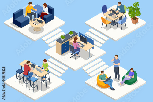 Different coworking spaces connected together showing collaboration and remote work. Isometric vector illustration.