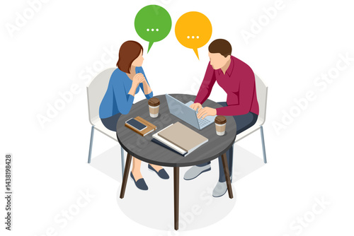 Business meeting between two people with laptops and coffee discussing work. Isometric vector illustration.