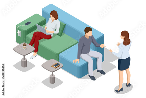 Coworking space with people working on laptops and talking on phone. Isometric vector illustration.