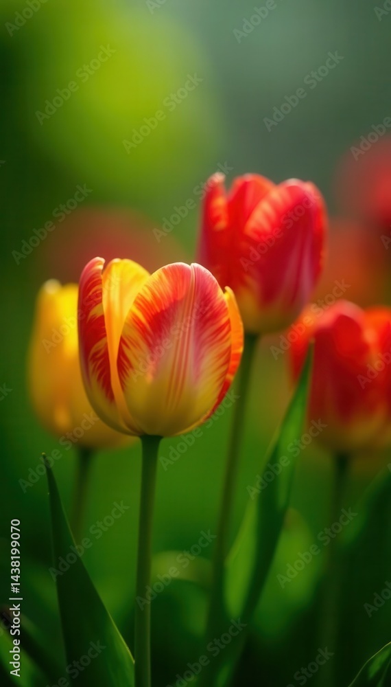 Striking multicolored tulips, lush green foliage, flower arrangement, multicolored, purple Striking multicolored tulips, lush green foliage, flower arrangement, multicolored, purple