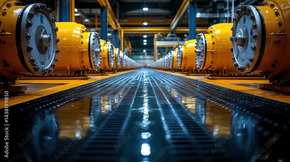 Industrial facility showcasing rows of yellow pumps reflecting on a wet floor under bright lights Industrial facility showcasing rows of yellow pumps reflecting on a wet floor under bright lights