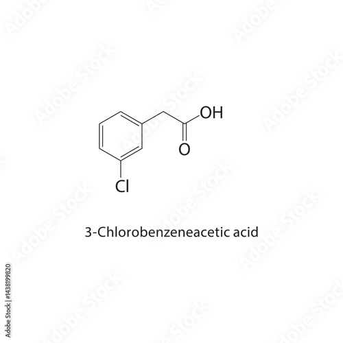 3-Chlorobenzeneacetic acid skeletal structure. Aromatic Carboxylic Acid compound schematic illustration. Simple diagram, chemical formula.