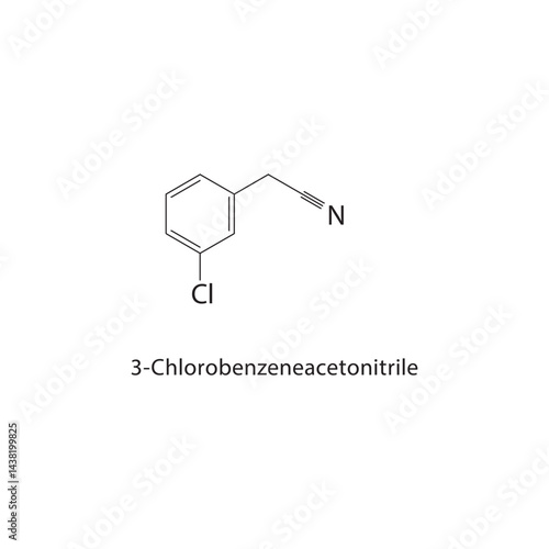 3-Chlorobenzeneacetonitrile skeletal structure. Aromatic Nitrile compound schematic illustration. Simple diagram, chemical formula.