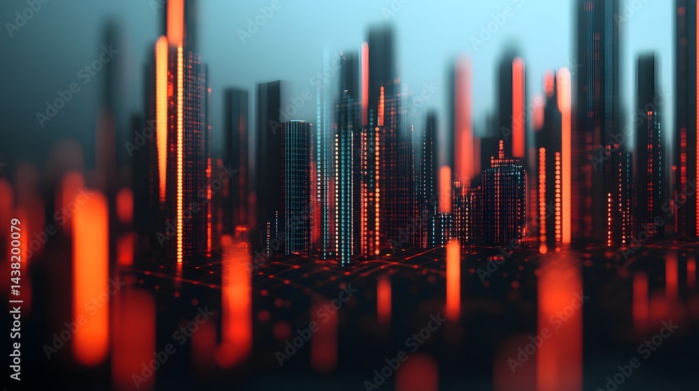 Futuristic City Skyline with Digital Data Projections Symbolizing Business Growth and Technology