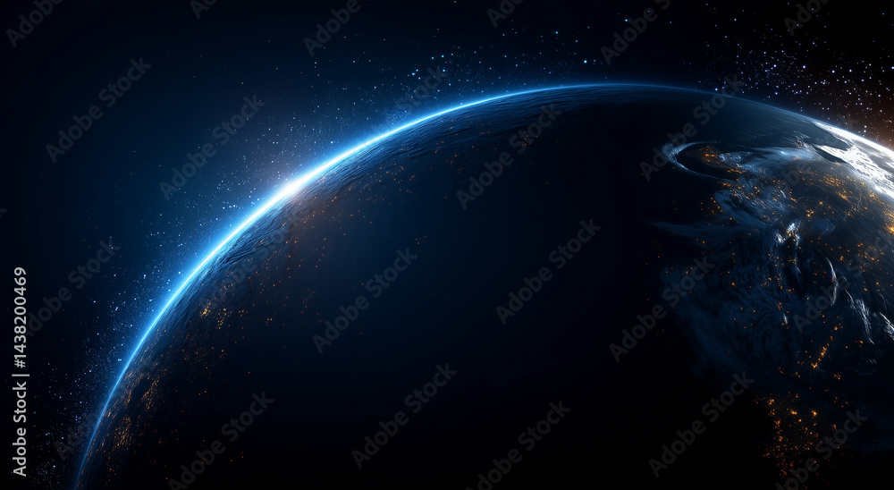 Fototapeta premium Illuminated earth horizon from space with glowing city lights, deep blue cosmic background, futuristic technology and innovation concept, perfect for AI and global communication designs