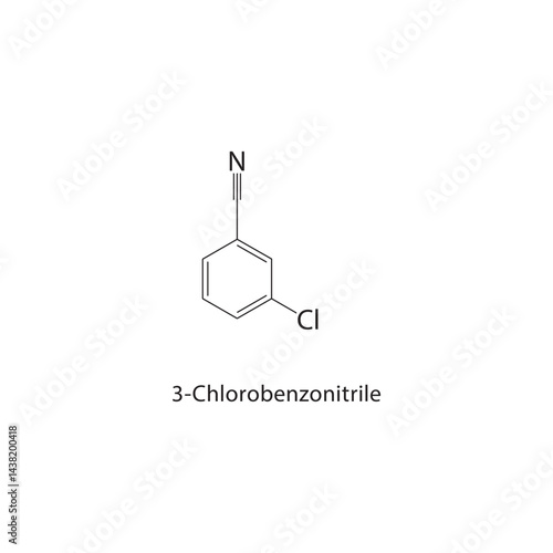3-Chlorobenzonitrile skeletal structure. Aromatic Nitrile compound schematic illustration. Simple diagram, chemical formula.