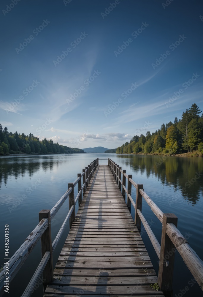 Fototapeta premium A tranquil riverside scene with a wooden fishing pier extending into calm waters surrounded by nature Generative AI
